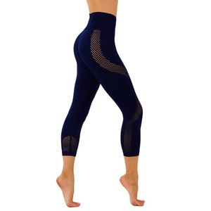 Navy Laser Cut Mesh Seamless Active Gym Workout 7/8 Leggings ITZON